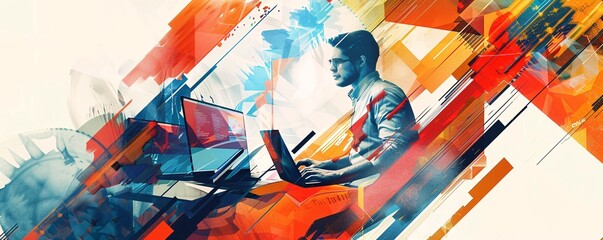 Wall Mural - Focused software developer coding on laptop with abstract geometric shapes in the background