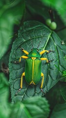 Close-up of a green and yellow beetle on a leaf, detailed insect photography. Nature and wildlife concept