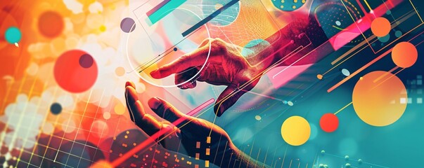 Wall Mural - Digital network: two hands reaching in a colorful abstract background, signifying connection and communication in the modern era