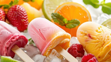 Wall Mural - Helados de hielo de diferentes sabores, sandía, limón, naranja, fresa,