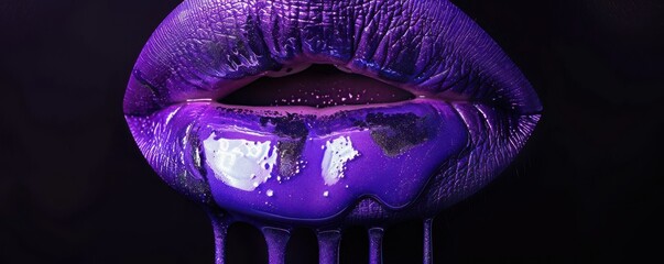Wall Mural - Close-up of lips with vibrant purple paint dripping sensuously. The image captures the texture and gloss of the paint, emphasizing the contrast between the lips and the dark background. 