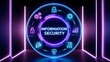 © Rsquare stock - IT: a glowing, futuristic information security interface,various holographic data elements and icons representing different aspects of information security, such as a lock, a shield, gears, and graphs