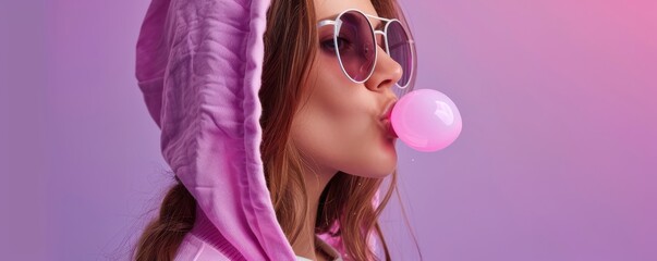 Wall Mural - A woman in a pink hoodie is blowing a bubble with a pink bubblegum. Concept of fun and playfulness, as the woman is enjoying a simple and lighthearted activity. Free copy space for text.