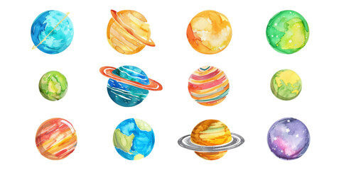 Wall Mural - Set of watercolor planets isolated on white background