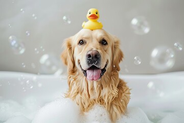 Dog spa concept. Happy dog in bath