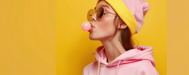 A woman in a pink hoodie and yellow hat is blowing bubbles. The image has a fun and playful mood, as the woman is engaging in a lighthearted activity. Free copy space for text.