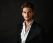 © Alona - Man In Black Suit. Handsome Male Model with Fresh Hair and Black Suit