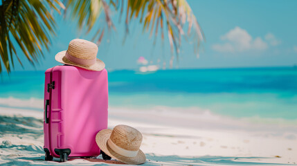 Wall Mural - Relaxing Summer Vacation Vibes - Blue Suitcase at The Tropical Beach with Straw Hat and Copy Space for Text