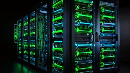 Poster - A dark room filled with rows of tall, black server racks with bright green lights.