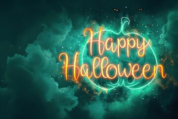 Happy Halloween written in scary font on a neon green background