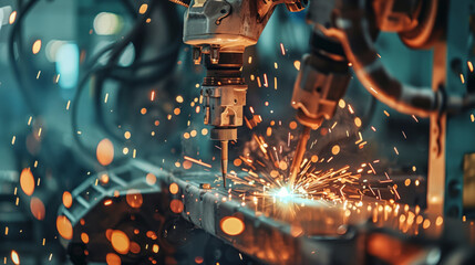 Wall Mural - Robotic arms welding car parts in an automobile factory, with sparks flying and machines in motion