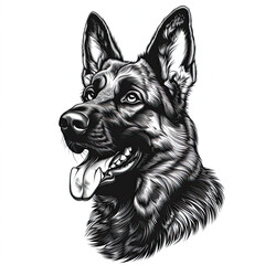 a black and white drawing of a german shepherd dog