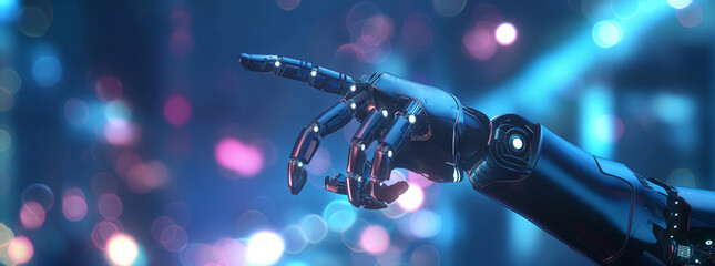3d render of robot hand with glowing lights, white and blue colors on dark background with orange bokeh light effects