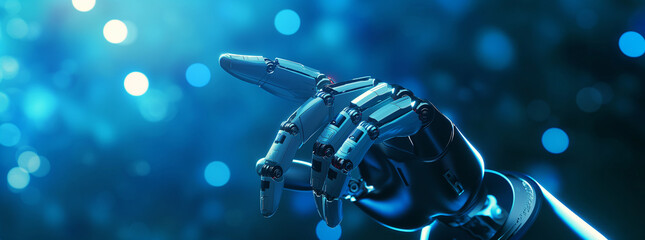3d render of robot hand with glowing lights, white and blue colors on dark background with orange bokeh light effects