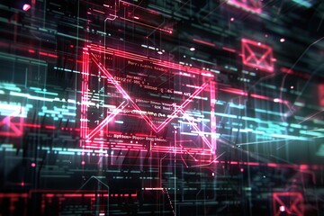 Canvas Print - A close-up image of a phishing email, depicted as a glowing red envelope, floating in a futuristic, digital landscape.