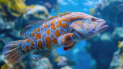 Isolated Nassau grouper fish swimming in clear blue water, marine life, underwater, ocean, wildlife, tropical, colorful, vibrant, aquatic, sea creature, exotic, nature, beautiful, reef