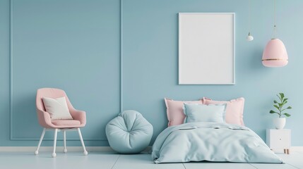 Wall Mural - Kid room interior with bed, chair and blank poster frame mockup on light blue wall , kid room, interior design, bed, chair, blank poster frame, mockup, light blue wall, child's bedroom