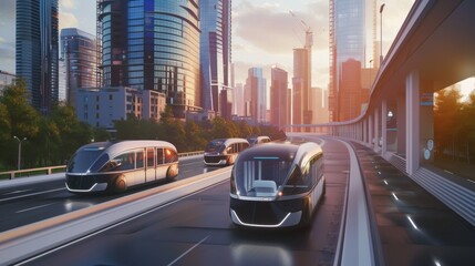 innovative smart city transportation system featuring autonomous electric shuttles and on-demand mobility services, seamlessly integrated with public transit networks and urban infrastructure