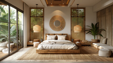 Wall Mural - Serene Eco-Friendly Bedroom with Bamboo Furniture and Organic Linens, Bathed in Natural Light for Tranquility and Sustainability