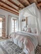 © PSCL RDL - bedroom with a large bed, a canopy over the head of it and a balcony door on one side, a wooden ceiling, a gray patterned rug under the bed, white walls, light pink linen
