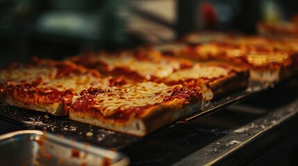 Sticker - Selective focus on dark backdrop featuring Detroit style pizza