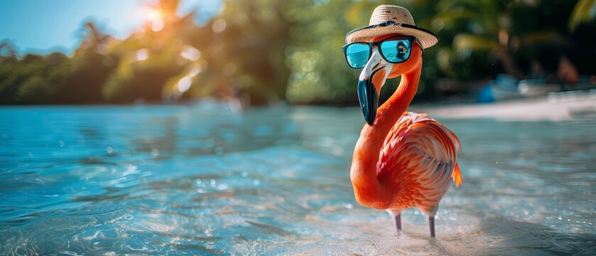 A flamingo wearing sunglasses and a hat stands in shallow water.