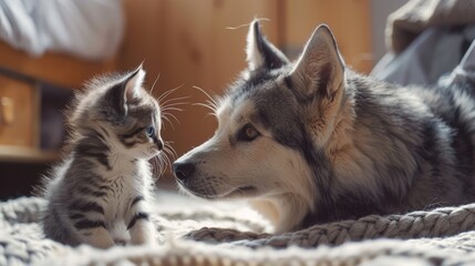 Wall Mural - friendship between dog and a kitten, adult dog is welcoming a new kitten, ai generated