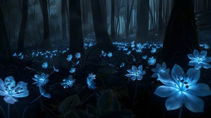 Poster - Blue Flowers With Glowing Centers In A Dark Forest