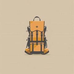Aufkleber - A simple, flat illustration of a stylized backpack against a minimalist beige background. This graphic image symbolizes travel, adventure, and exploration. Generative AI