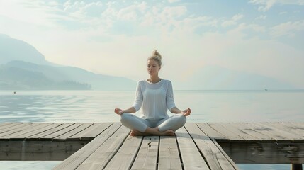 Wall Mural - calm young woman sitting in lotus pose on a pier 