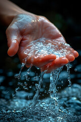 Canvas Print - hand holding water In the woods, closeup