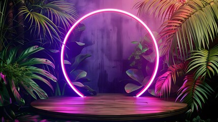 Canvas Print - Circular Neon Light Display With Wooden Platform and Tropical Plants 