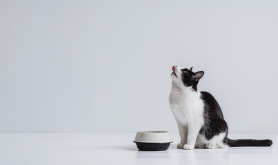 Sticker - White background, white floor, side view of an Snowshoe cat sitting at the edge of the photo on the ground, licking his lips and looking up, minimalist style in front of him there is a cat bowl