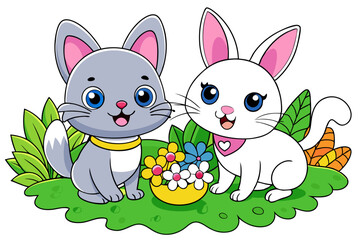 Wall Mural - cute Cat and a cute rabbit Is playing in a garden vector
