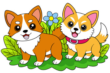Canvas Print - cute corgi dog and a cute Shih Tzu Is playing in a garden vector