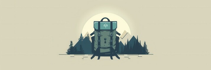 Aufkleber - A minimalist illustration featuring a stylized green backpack in front of a mountain range with a sunset behind it. Generative AI
