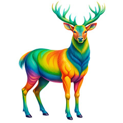 Poster - A majestic deer with large antlers, adorned in a striking rainbow gradient pattern, standing gracefully on a transparent background