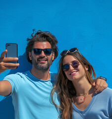 Poster - couple on vacation with phone