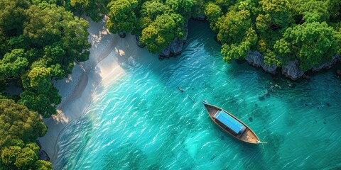 Wall Mural - Tranquil Lagoon with a Wooden Boat