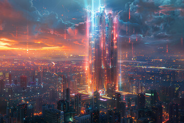 Wall Mural - A futuristic skyscraper glows with neon lights in a vibrant cityscape at night, under a dramatic, partly cloudy sky, creating a stunning urban scene