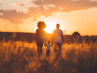 Wall Mural - vibrant sunset field, black African american couple and child walking away, full view from behind, silhouette of a loving diversity black ethnic descendant family