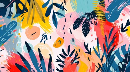 An abstract floral illustration featuring colorful brushstrokes and tropical leaves