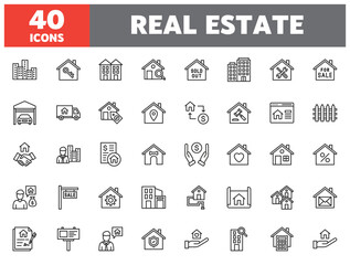 set of 40 line icons real estate. outline icon collection. editable stroke. vector illustration.