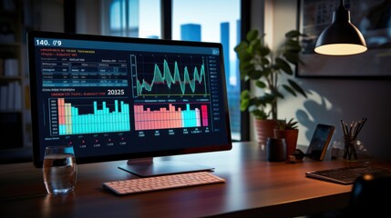 A computer monitor displaying a stock market chart in a modern home office.