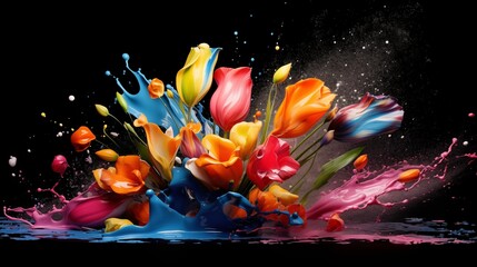 Wall Mural - Abstract illustration of a flower bouquet in an explosion of colorful paint on a black background