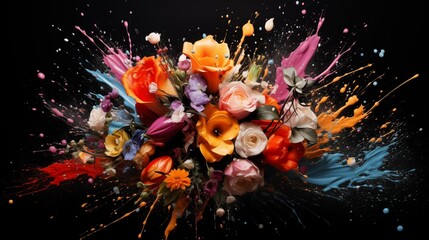 Wall Mural - Abstract illustration of a flower bouquet in an explosion of colorful paint on a black background