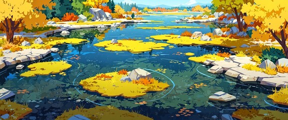 Wall Mural - A map of an autumn landscape with a forest and lake Modern illustration of a pond with water lilies, trees with yellow foliage, grass and stones to create a 2D animation.