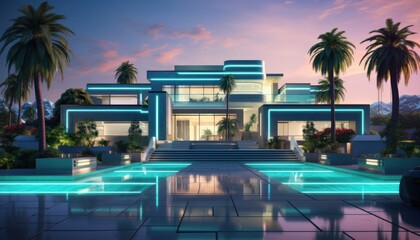 a beautiful house with blue neon lights and palm trees in front of it.