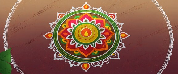 Wall Mural - Close up rangoli alpana Top view Ugadi festival in India Marathi new year concept.