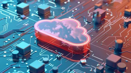 Industrial cloud computing flat design top view technology theme 3D render vivid